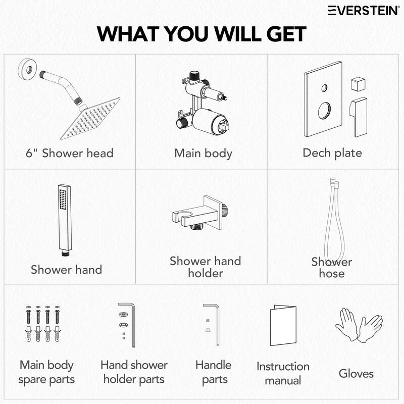Wall Mounted 6 in Rain Shower Head Bathroom Shower Faucet Set 2-Setting Square Shower System With Rough-In Valve, & Handheld