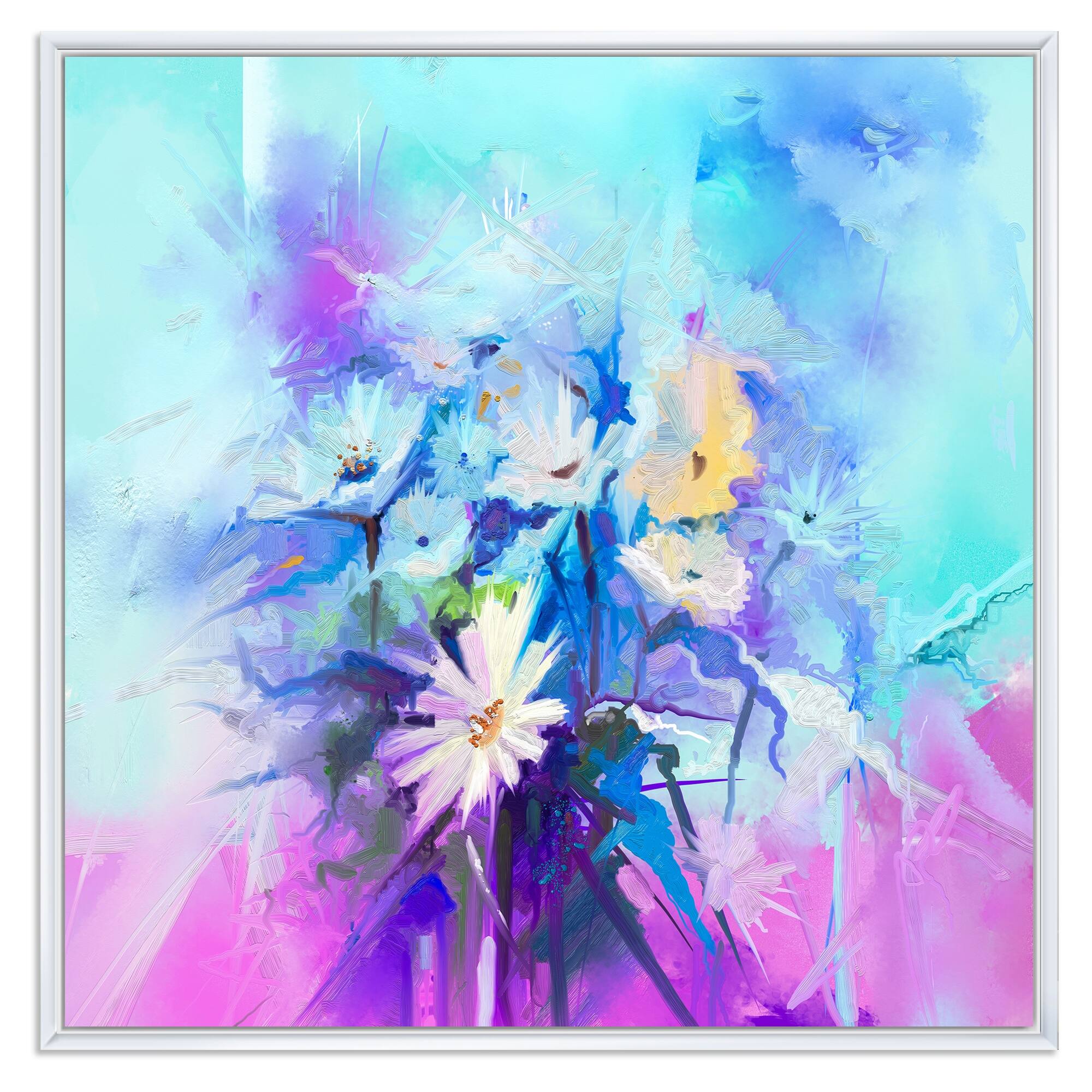 Designart "Paintbrush Blue And Purple Daisy" Traditional Framed Canvas