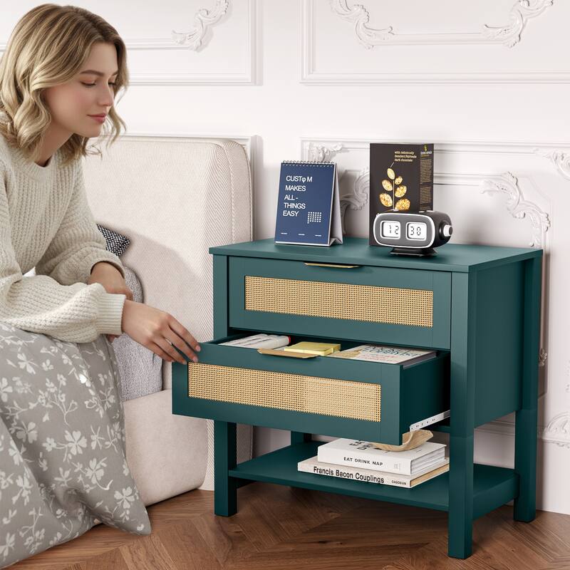 Rattan Nightstand with 2 Drawers and Storage Shelf Boho Bedside Narrow Side Table for Bedroom