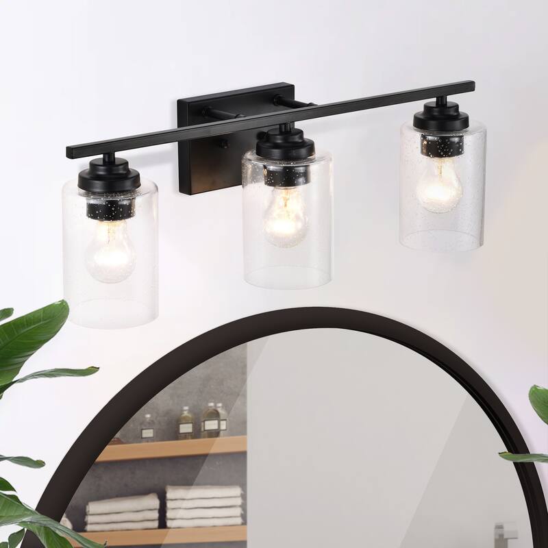 Matte Black 3-Light Vanity Lights with Seedy Glass