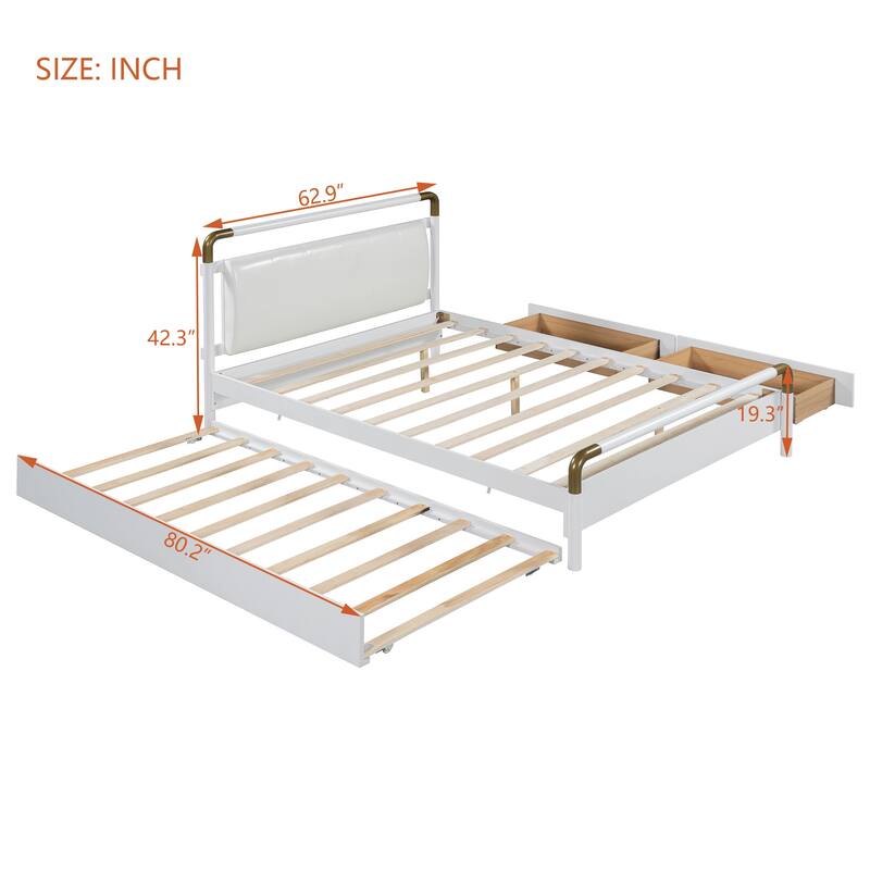 Queen Size Platform Bed with PU Backrest, Trundle Bed & 2 Storage Drawers