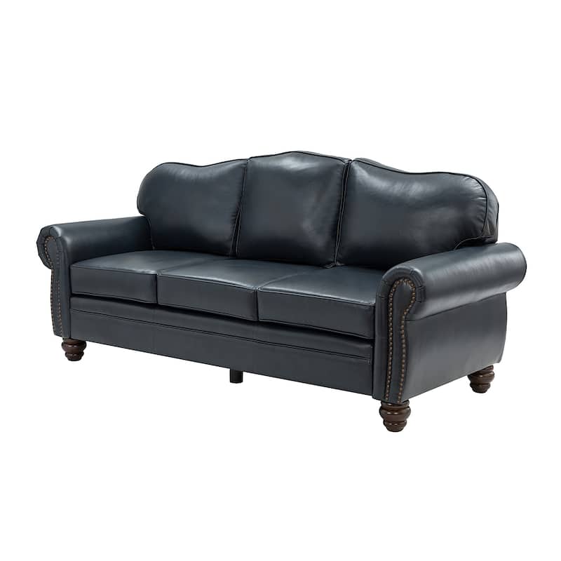 Balvino 81" Wide Transitional Genuine Leather Rolled Arm Sofa with Nailhead Trim and Removable Cushions