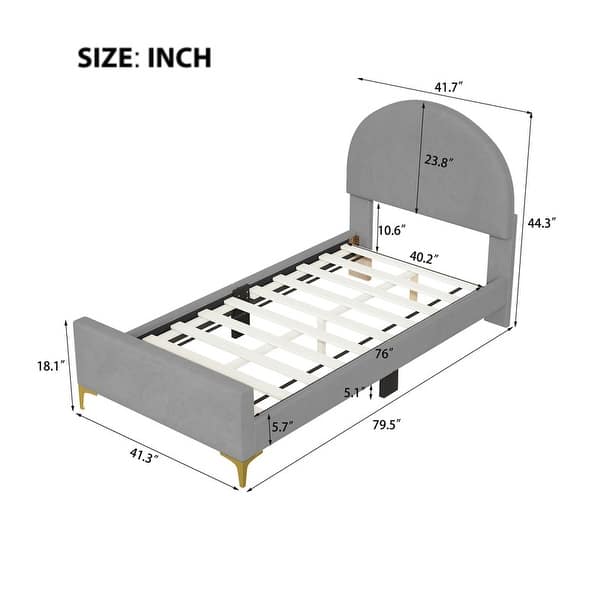dimension image slide 2 of 6, Twin/Full Size Velvet Bed Frame with Classic Semi-circle Shaped Headboard, Upholstered Platform Bed w/ Metal Legs for Kids Teens