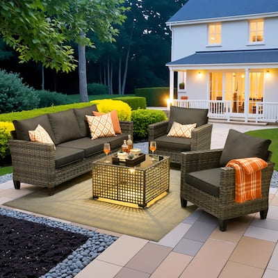 OVIOS 4 Pieces Patio Furniture Wicker Set with Solar-Powered Coffee Table