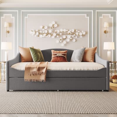 LED Daybed Frame Teddy Fleece Upholstered Sofabed, Wood Panel Bed with Pull-out Trundle Bed, Platform Bed Furniture