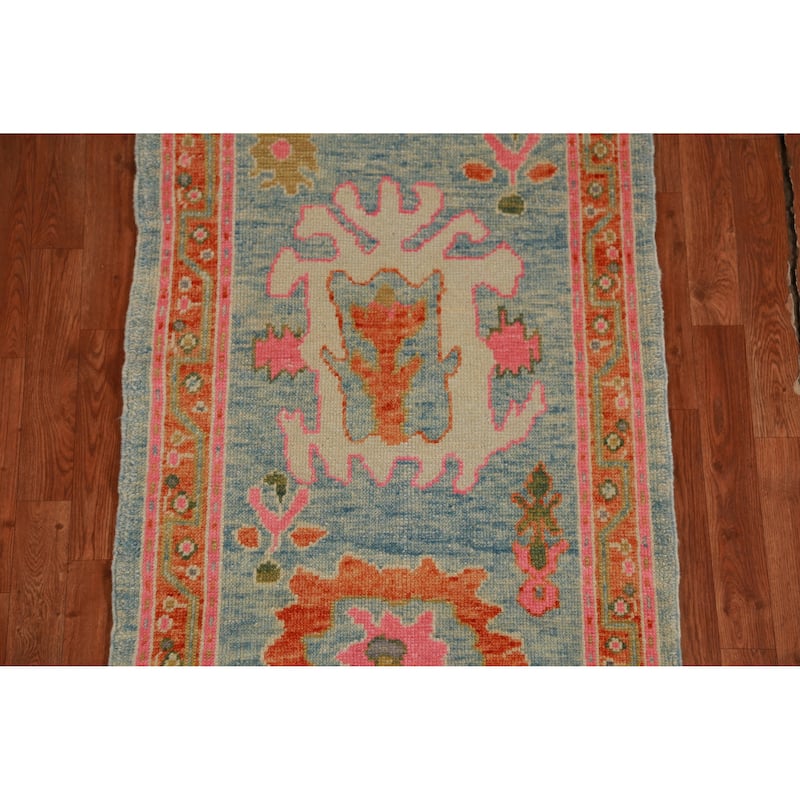 Hand Knotted Oriental 100% Wool Carpet Transitional Floral Navy Blue & Blues Oushak Runner Rug - 12' 8'' X 2' 11''