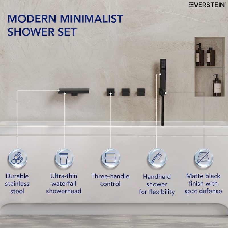 Waterfall Tub Faucet with Rough-in Valve,Wall Mounted Tub Spout with Handheld Shower