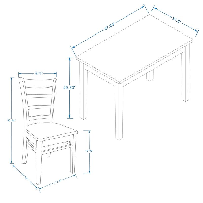5-Piece Dining Set, 48" Rectangle Wood Table and Slat Back Chairs