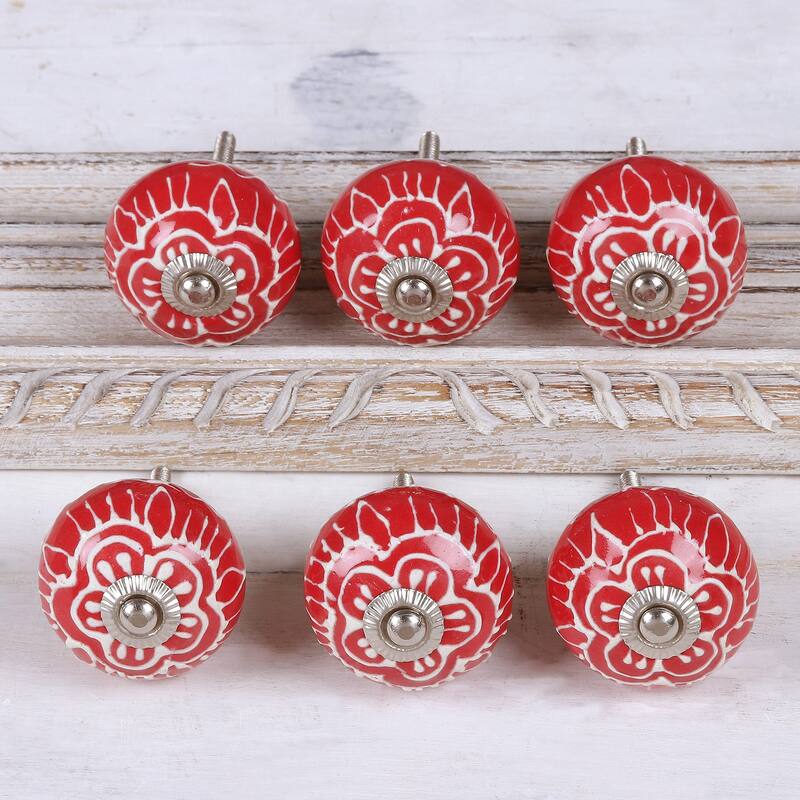 Novica Handmade Red Flowers Hand Painted Knobs (Set Of 6)