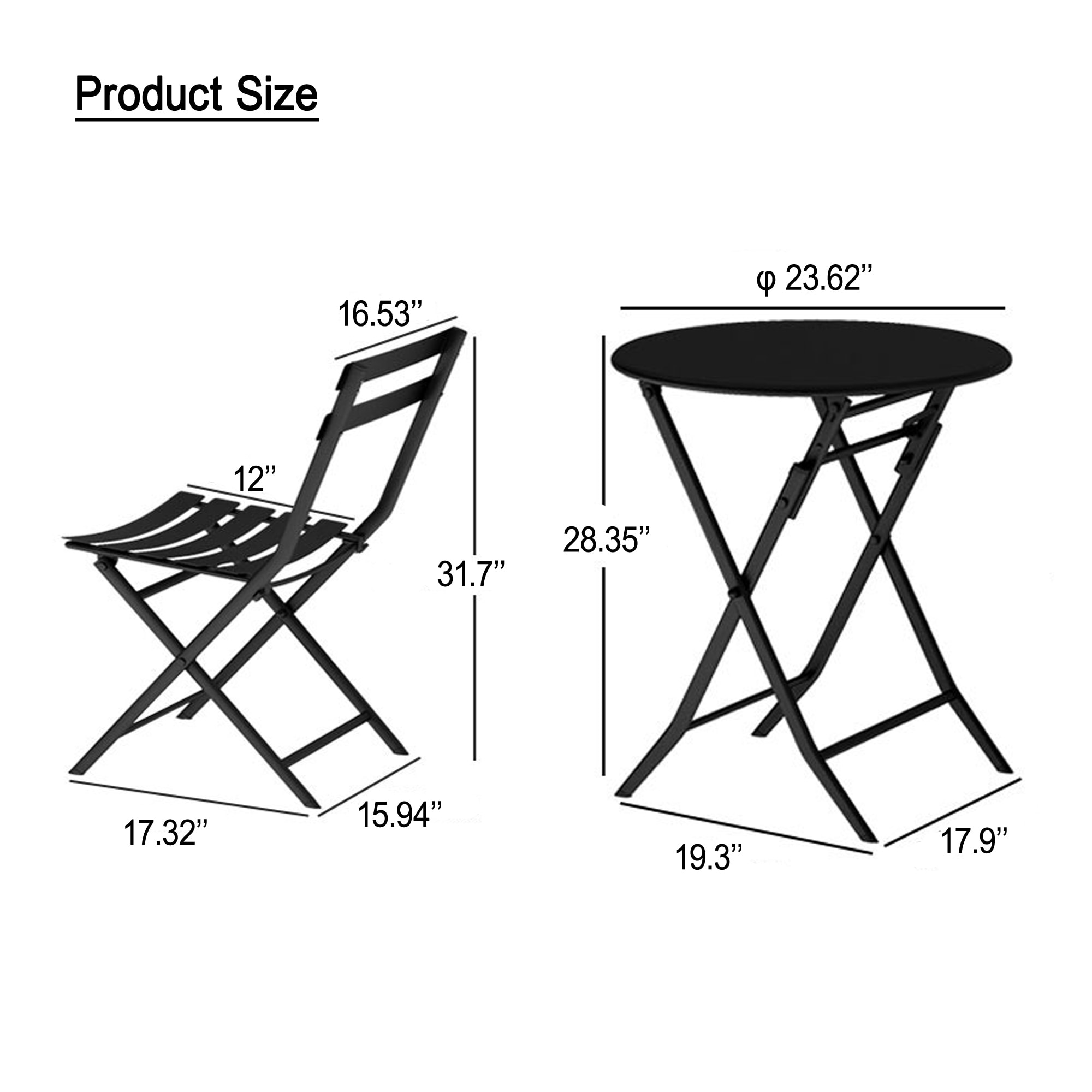 3 Piece Patio Bistro Set of Foldable Square Table and Chairs