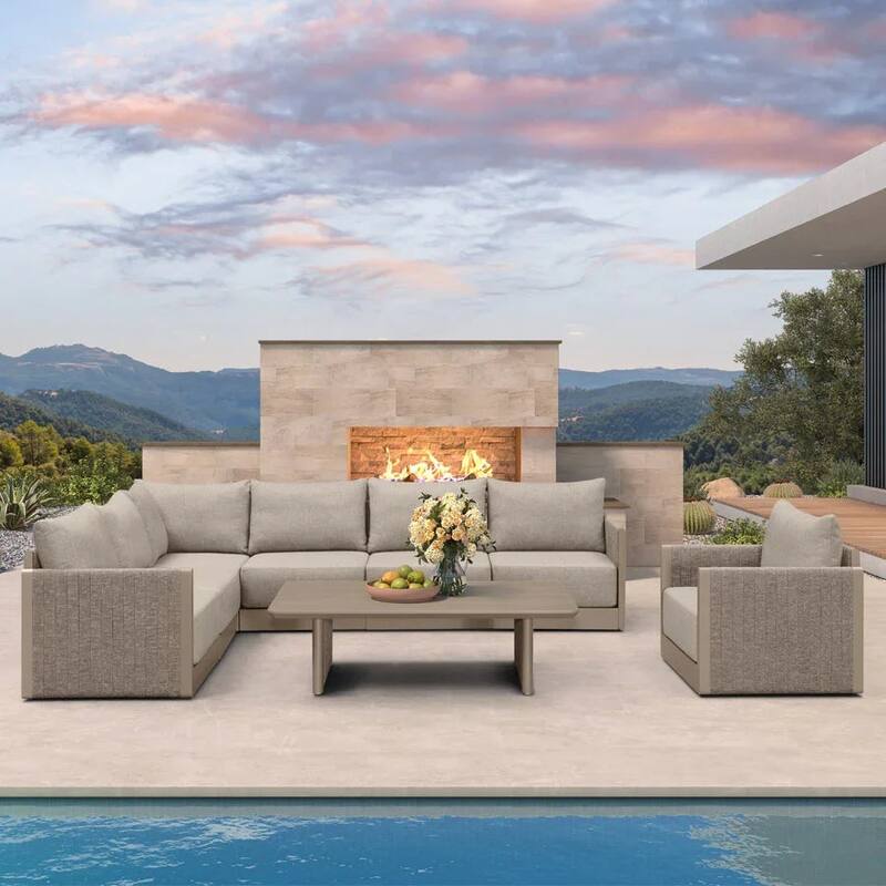 PURPLE LEAF Santori L-shape 7 Piece Khaki Sofa with Ottoman and Cushion for Poolside Garden Outdoor Patio Conversation Set - 7Piece+1Table