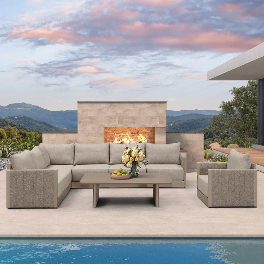 PURPLE LEAF Santori L-shape 7 Piece Khaki Sofa with Ottoman and Cushion for Poolside Garden Outdoor Patio Conversation Set