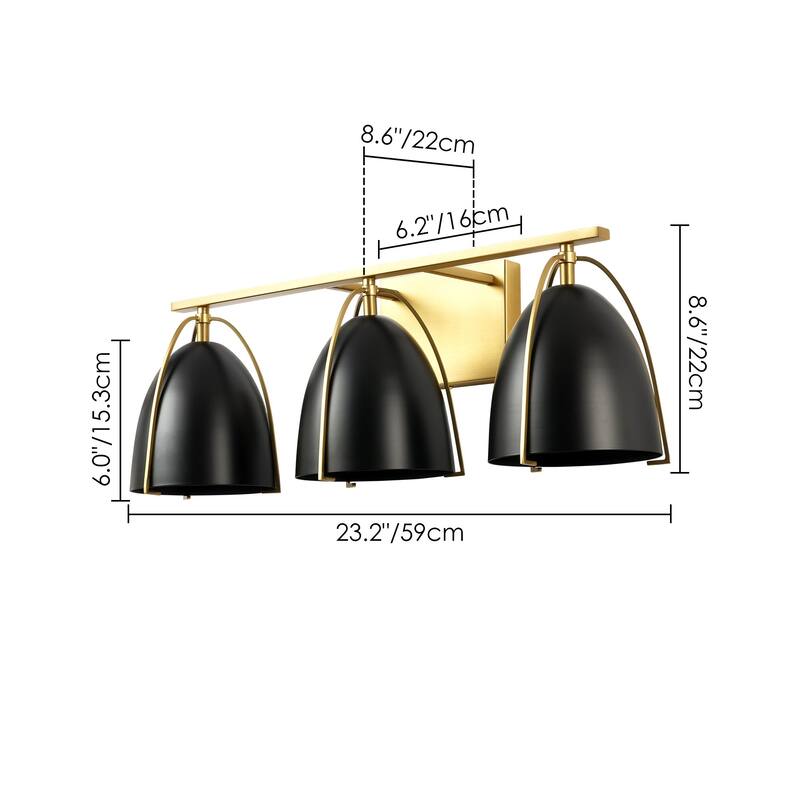 3-Light Mid-Century Modern Black and Brushed Gold Bowl Dome Vanity Light - 23.23 in. W x 8.66 in. H x 8.66 in. D
