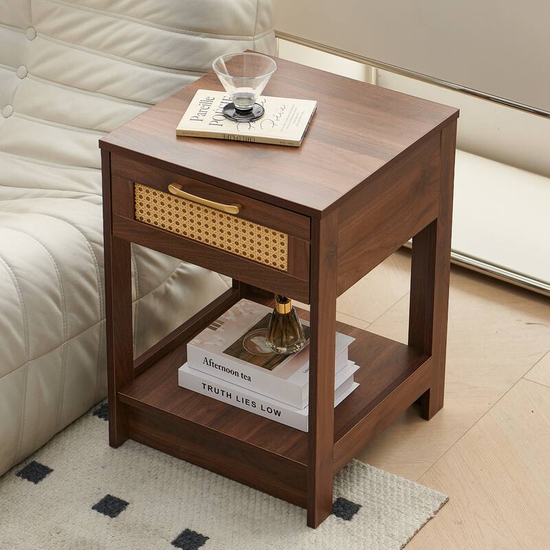 Modern Rattan Nightstand Small Side Table with Drawer for Bedroom or Living Room