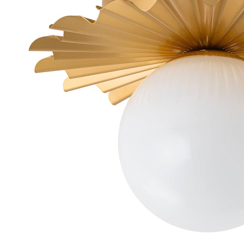 Art Deco Gold Sunburst 1-Light Milky Glass Globe Semi Flush Mount