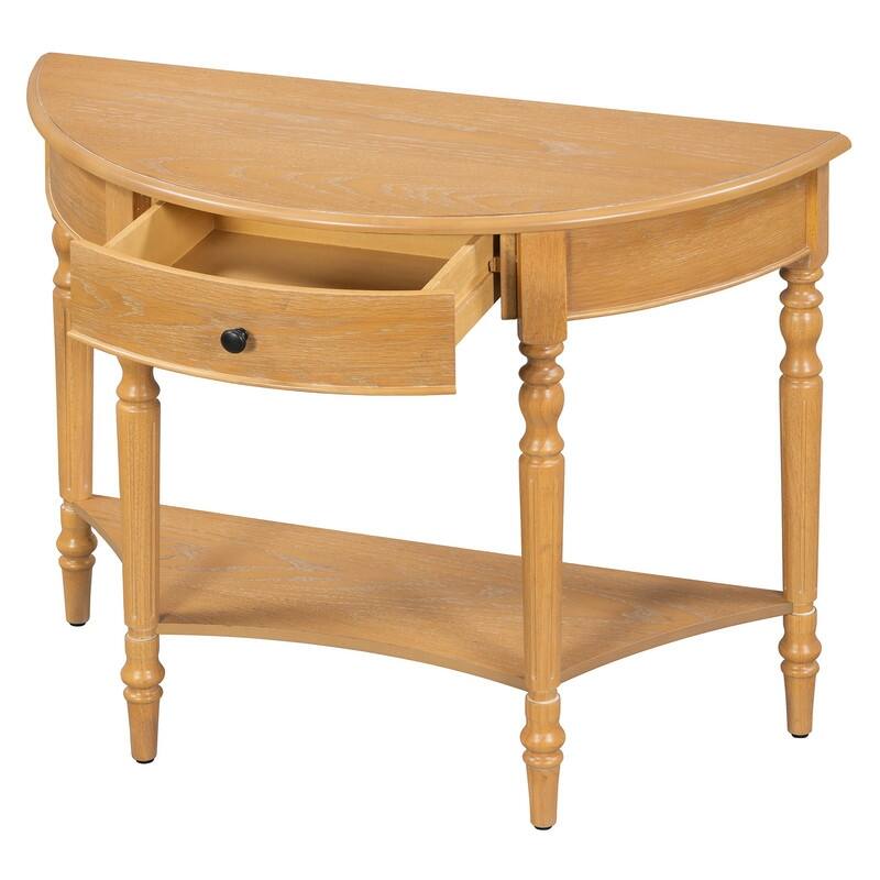 Farmhouse Half Moon Console Table with Drawer and Shelf for Entryway and Living Room Decor