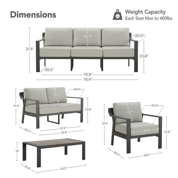 dimension image slide 9 of 15, Spruce & Spring Outdoor Patio Furniture Set Aluminum Sofa Accent Chair