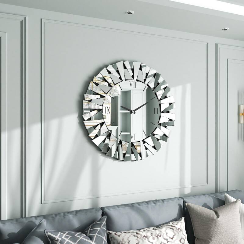 Round Beveled Edge Mirrored Wall Clock Decor with Roman Numerals Glass Clock