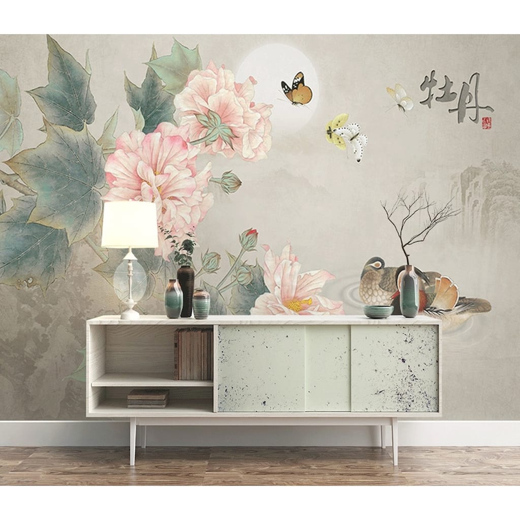GK Wall Design Vintage Floral Peony Blossom Landscape Removable Wallpaper