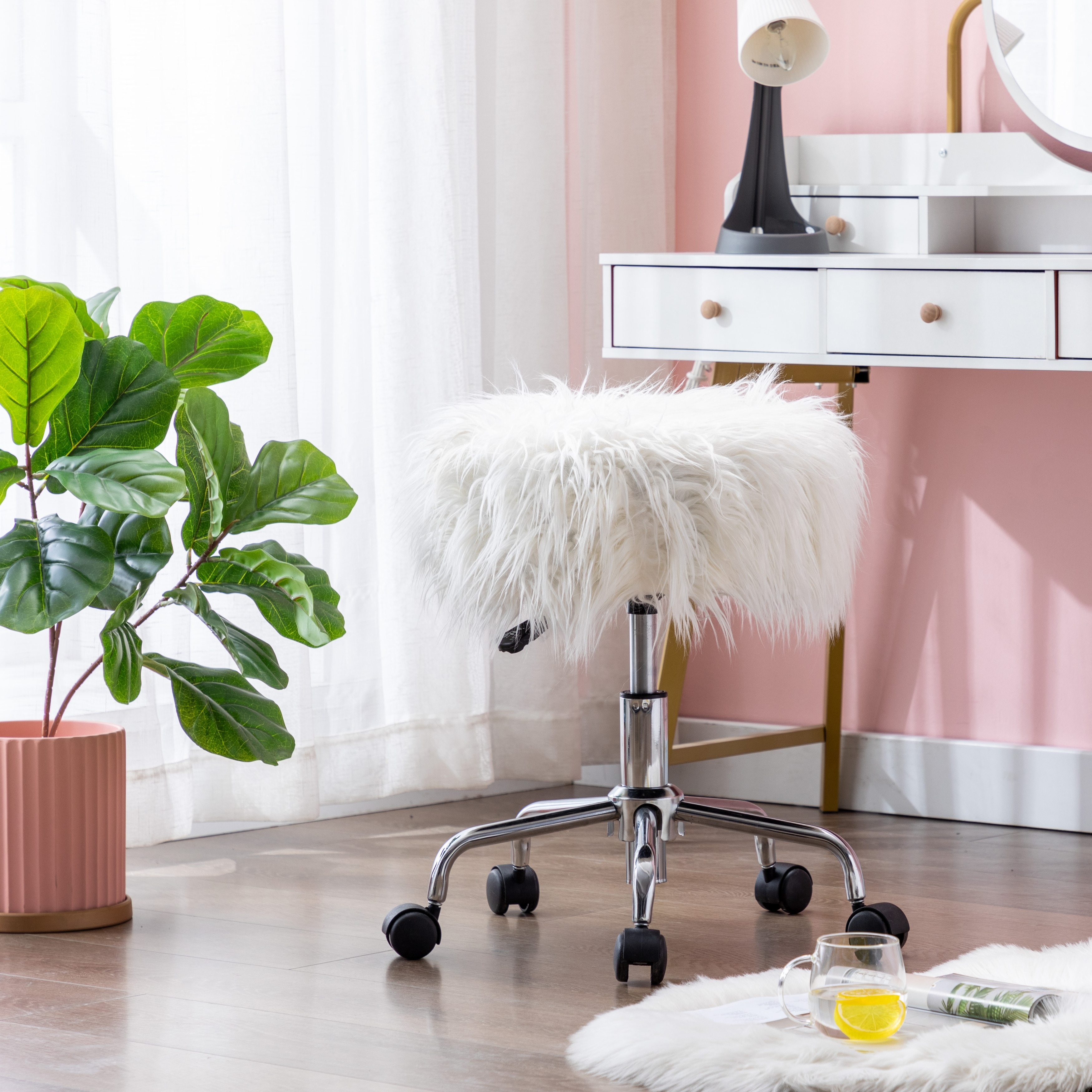 Office Chair With White Fuzzy Vanity Stool Modern Gas Lifting