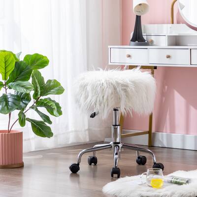 Modern Gas Lifting Height Adjustable Faux Fur Office Desk Chair Vanity Stool Swivel Chair, Makeup Accent Fluffy Stool - C