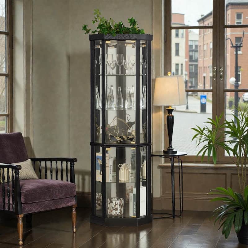 Lighted Corner Curio Cabinet with Glass Doors, Elegant Display Case for Living Room Bar and Wine Storage
