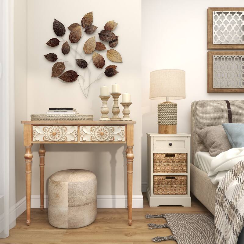 Brown Wood Intricately Carved 2 Drawers Floral Console Table