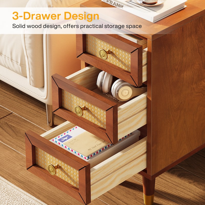 Solid Wood End Table with 3 Rattan Drawers, Narrow Slim Nightstand