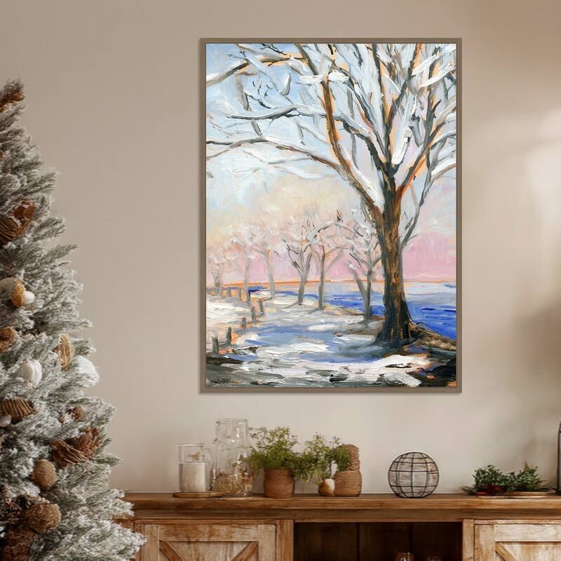Lakeside in Winter by Sandra Iafrate Framed Canvas Wall Art Print - Sylvie Dark Gold