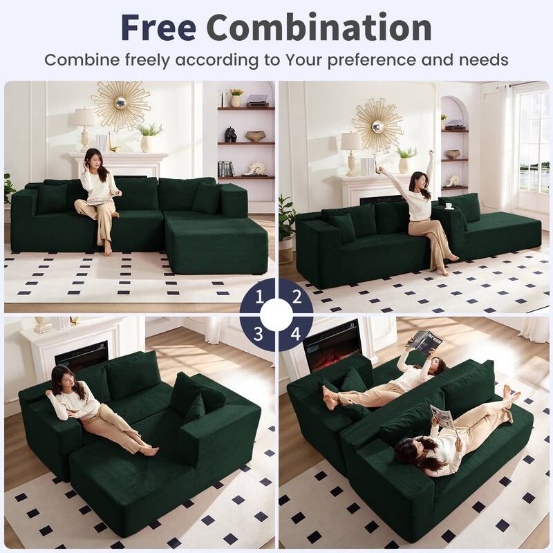 Mixoy W106'' Modern 2-Piece Free Combination Corduroy Upholstered L-Shaped Modular Sectional Sofa with Right Chaise and Pillow