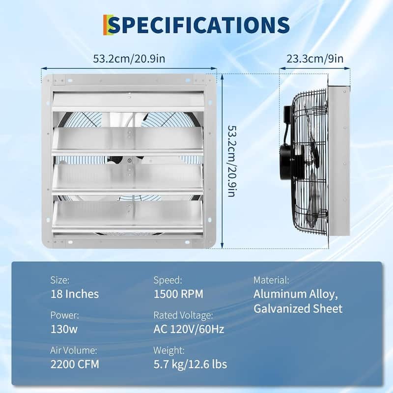 Wall Mount Exhaust Fan with Automatic Shutter, Professional Attic Fan for Garage, Greenhouse, Shed, Workshop and Barn
