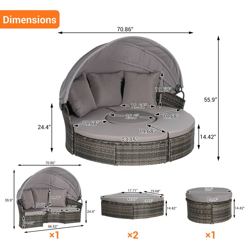 Outdoor Round Daybed with Retractable Canopy, Cushions, Table,Set of 5