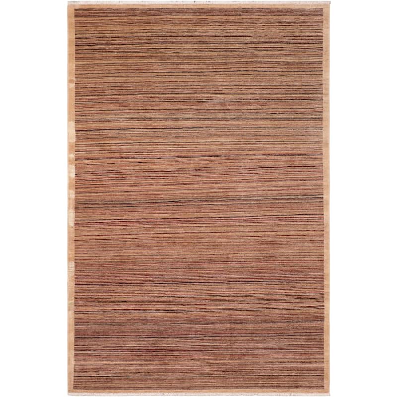 Modern Minimalist Gabbeh Hand Knotted Wool Area Rug - 6'1'' x 8'9'' - Tan/Beige/Red/Blue