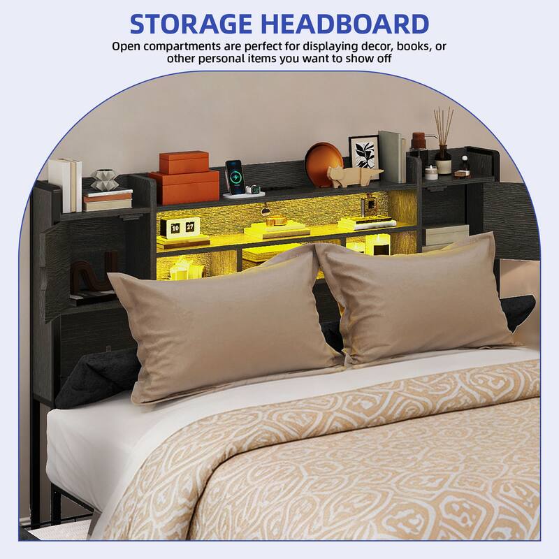 Velvet Upholstery Bed Frame With 4 Underbed Storage Drawer, LED Lights And Charging Station