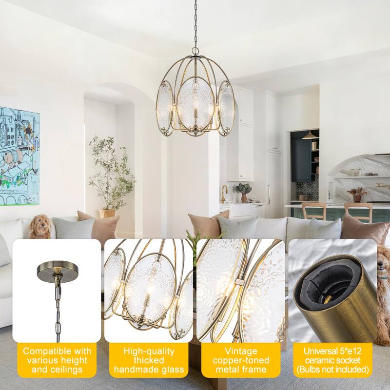 5-Light Mid-Century Modern Bronze Chandelier with Ripple Glass - Dia.17.72-in