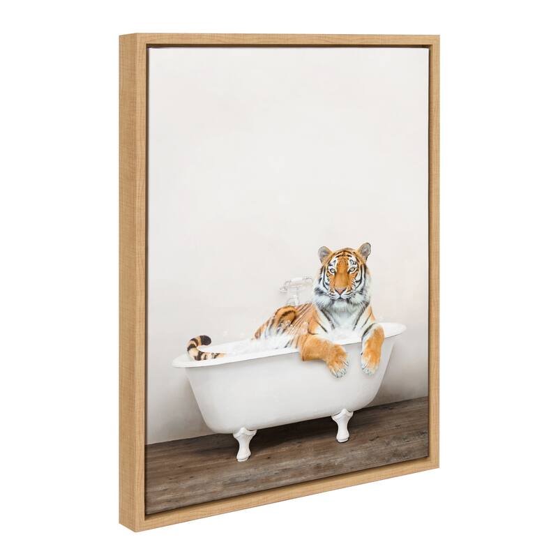 Kate and Laurel Bengal Tiger in Bath Framed Canvas by Amy Peterson - Natural