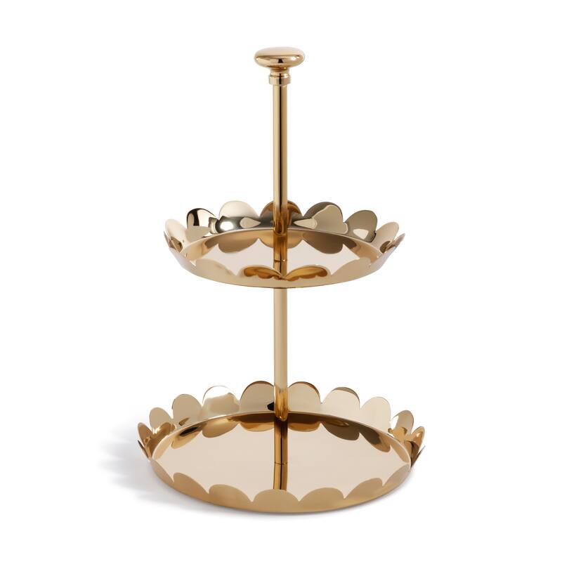 Lucente Polished Scalloped Metal Display & Serving Tray - Gold - Two-Tier