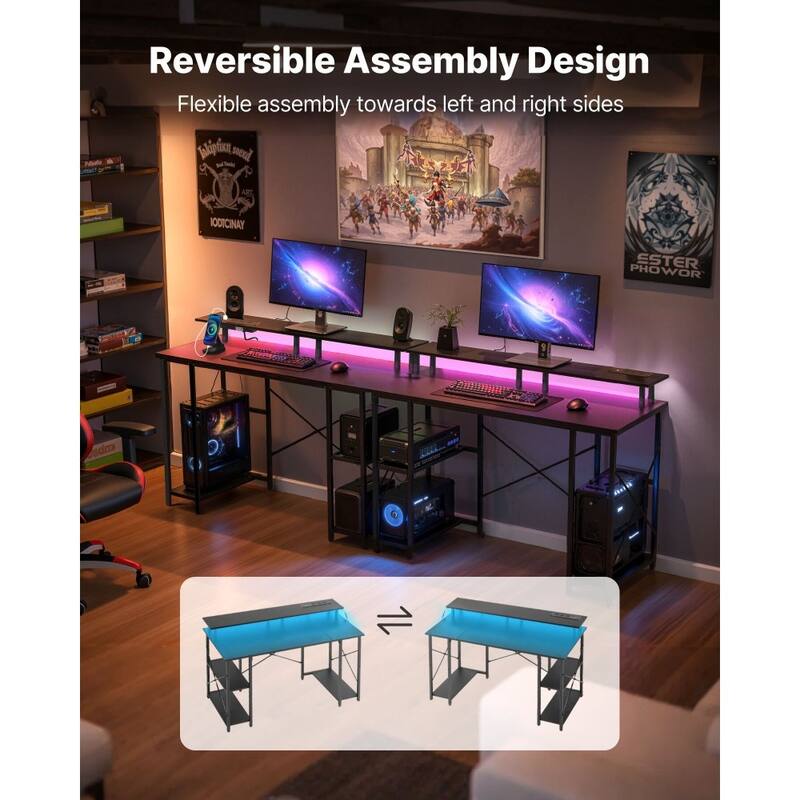 47" Black Computer Desk with RGB Lighting and Built-In Power Strip USB Ports Adjustable Storage Shelf