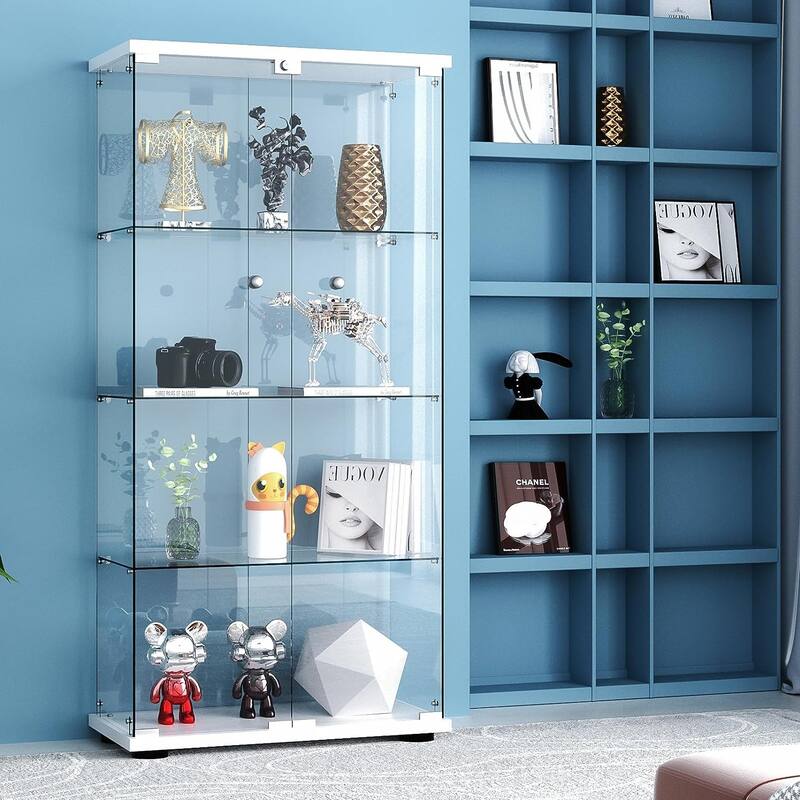 Glass Display Cabinet 4-Shelf 2 Doors with LED Push Light Lockable, 5mm Tempered Glass Floor-Standing Glass Bookshelf
