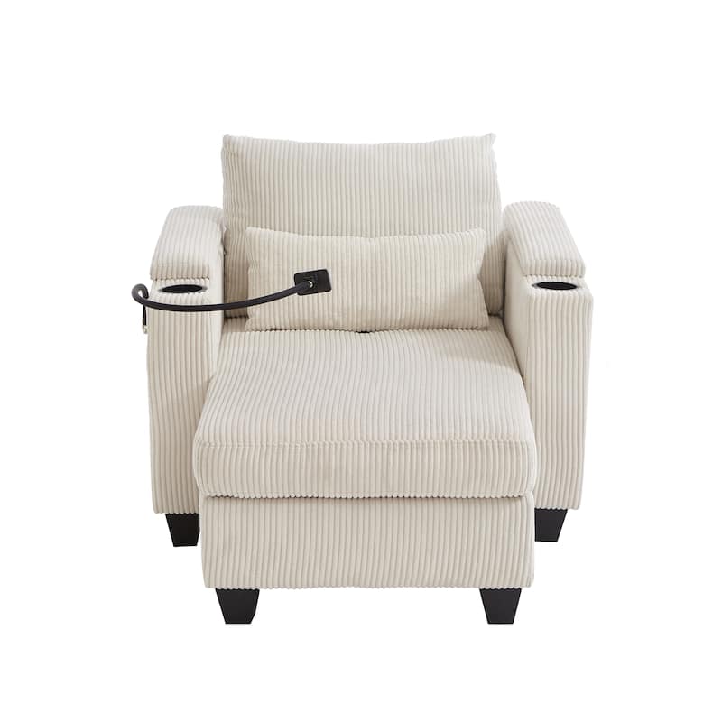 Convertible Chaise Lounge 37.4" Sofa Chair Sofa Bed Corduroy Sleeper Sofa with USB Ports, Two Cup Holders