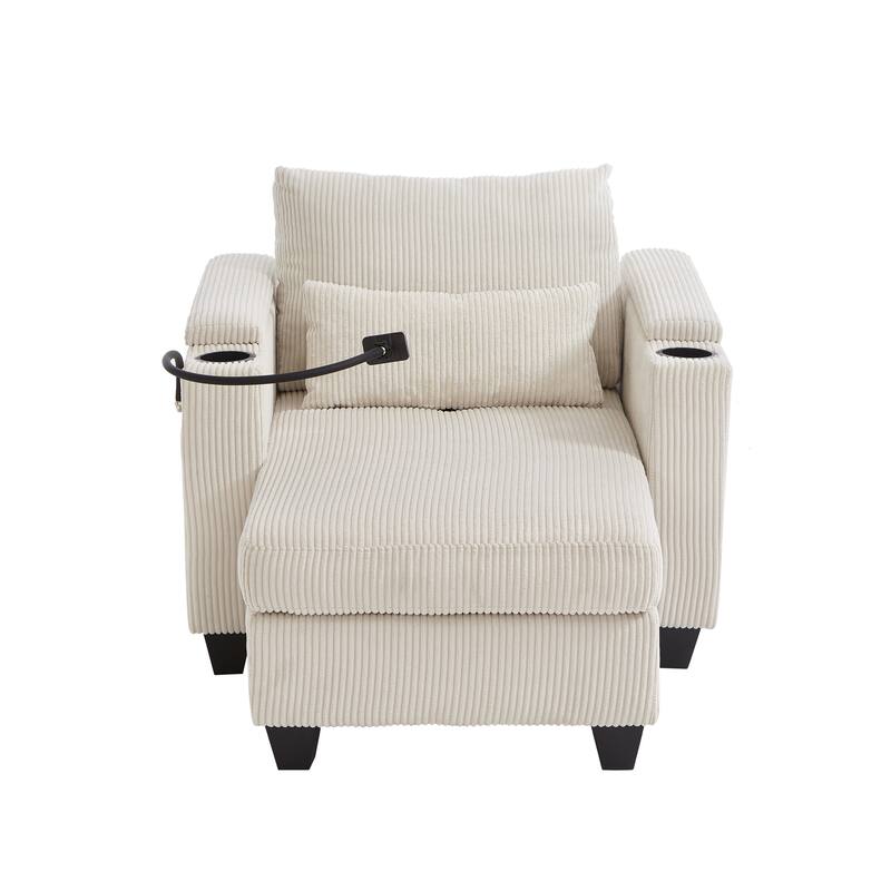 Convertible Chaise Lounge Sofa Chair with USB Ports, Storage 37.4" Corduroy Sleeper Sofa Bed with Adjustable Backrest