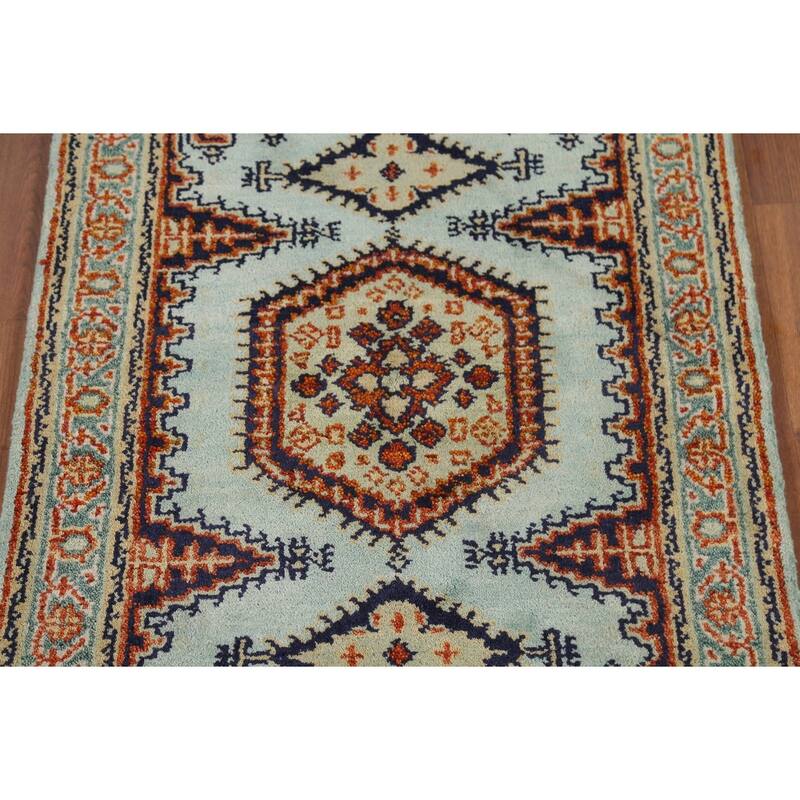Turquoise Geometric Viss Indian Accent Rug Hand-Knotted Wool Carpet - 3'0"x 5'0"