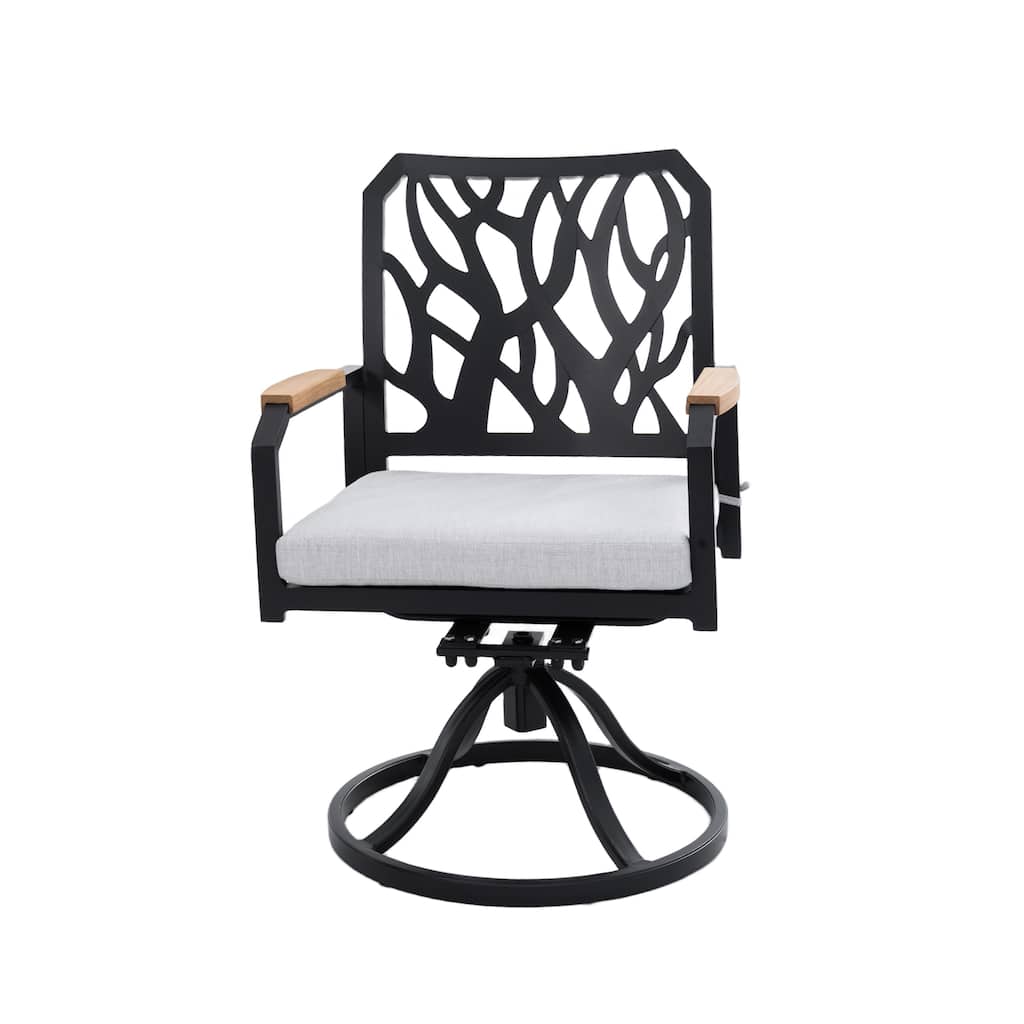 2-Piece Swivel Rocker Patio Chairs - Aluminum Frame, Branch Back, Wood Arms, Sunbrella Cushions, Bourbon Brown