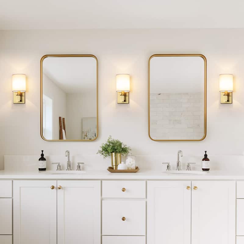 1-Light 5.5" W Modern Gold Cylinder Metal Flush Mount Wall Sconce/Bathroom Vanity Light with White Fabric Shade