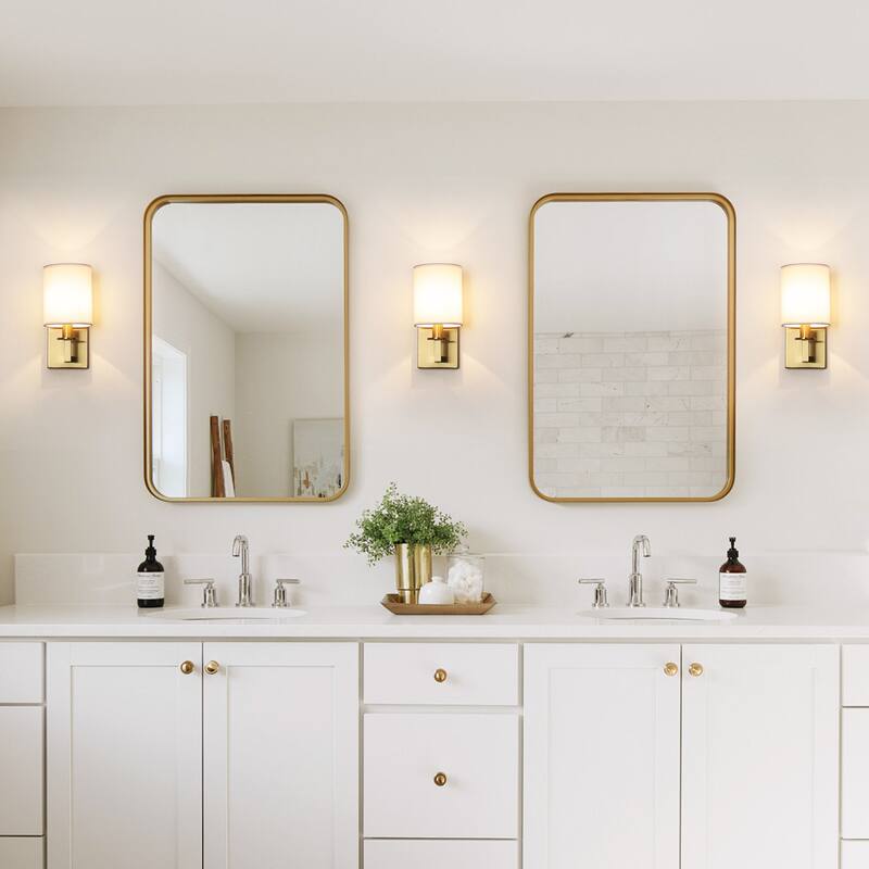 5.5" 1-Light Mid-Century Modern Luxury Gold Cylinder Wall Sconce/Bathroom Vanity Light with White Fabric Shade