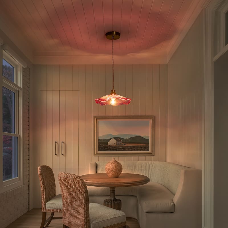 11" Flower-Shaped Red & White Gradient Glass Pendant Light Modern - Dia.11.02-in