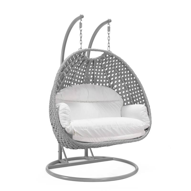 Mendoza 2-Person Hanging Egg Swing Chair with Iron Metal Stand Handcrafter Grey Wicker Hammocks for Outdoor Patio or Indoor Use - White