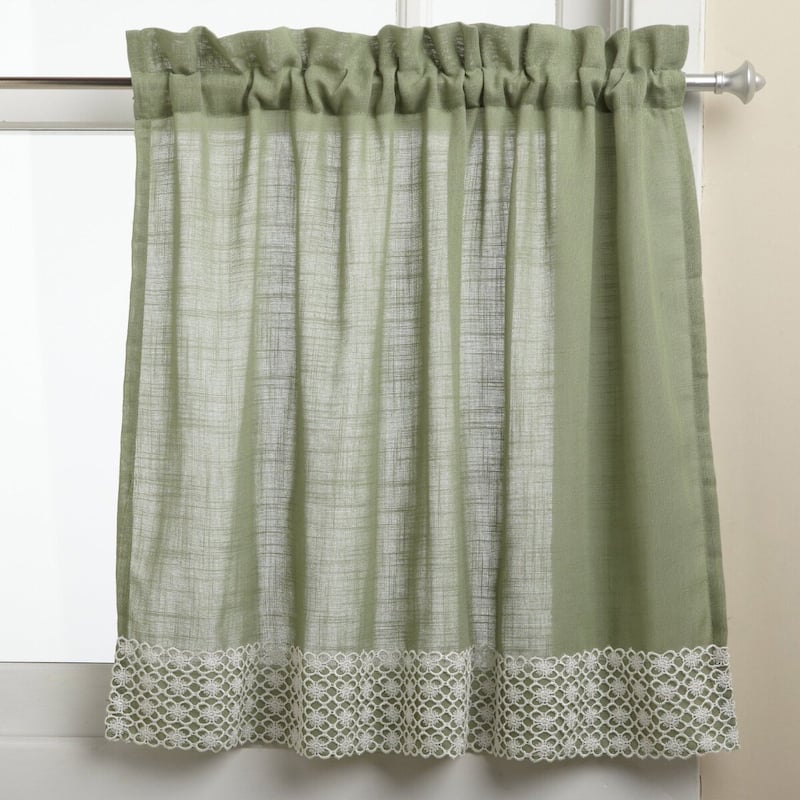 Sage Country Style Curtain Parts with White Daisy Lace Accent (Separates-Tiers, Swags and Valances) - 24" Tier Pair - Sage