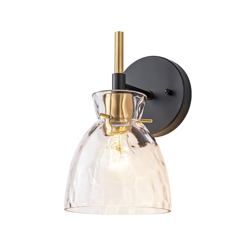 1-Light/3-Light Matte Black and Antique Brass Bathroom Vanity Light with Water-Rippled Glass Shade