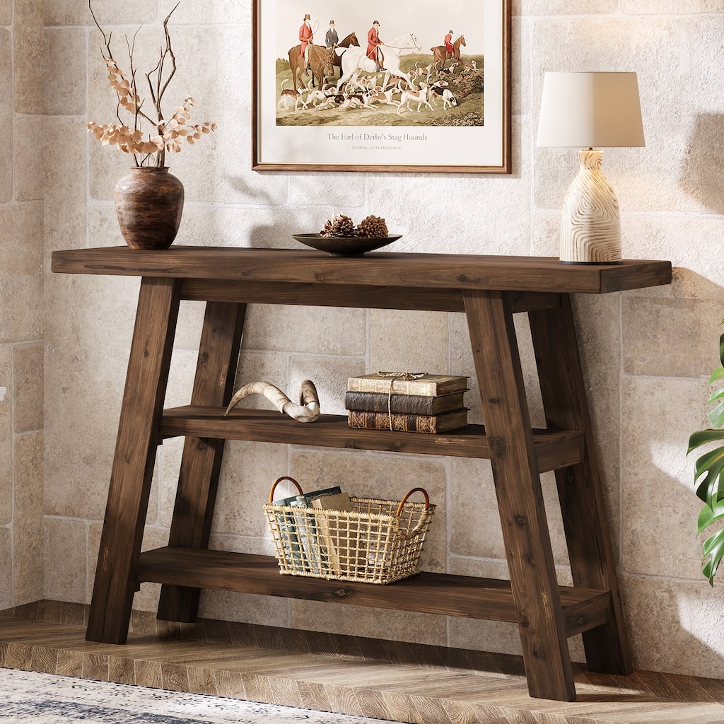 Solid Wood Console Table with 3-Tier Storage Shelves